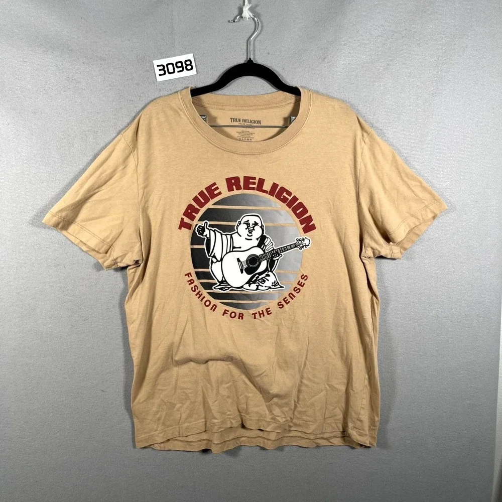 True Religion T Shirt Mens XL Beige Logo‎ Buddha Cotton Short Sleeve Pullover